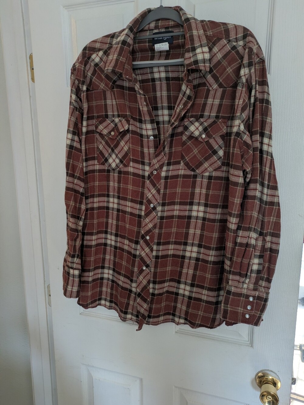 Wrangler Women's Plaid Pearl Snap Western Shirt Brown Orange Cream Long Sleeve